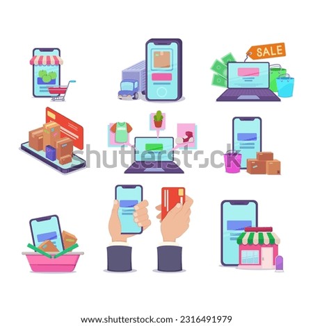 Devices with online shopping apps vector illustrations set. Collection of drawings of mobile phones, laptop with internet store on screen, hand with credit card. Online shopping, technology concept