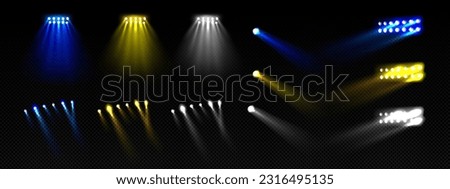 Yellow stadium concert show light isolated set. Blue spotlight reflector effect vector realistic soccer projector lamp glow. 3d football disco sparkle with blur for fun arena entertainment design Royalty-Free Stock Photo #2316495135
