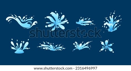 water splashes, falling aqua drops, sea or ocean waves and swirl. Blue water motion effects, flows, streams, spills and crown shape isolated on background, vector cartoon set Royalty-Free Stock Photo #2316496997