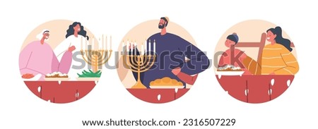Isolated Round Icons Jewish Family Characters Gathered at Table, Bowing Their Heads In Prayer, Expressing Gratitude