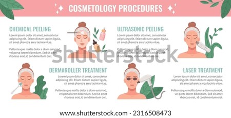 Cosmetology procedures flat infographics with female face getting skincare vector illustration Royalty-Free Stock Photo #2316508473