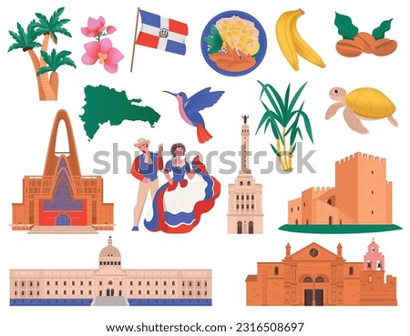 Dominican republic travel set with isolated front view icons of famous buildings sights food and nature vector illustration Royalty-Free Stock Photo #2316508697