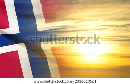 Flag of Norway against the sunset sky. Patriotic background. EPS10 vector