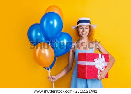 happy birthday woman with present on background. photo of birthday woman