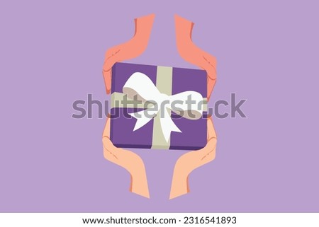 Graphic flat design drawing top view of happy couple hands gives gift box presents. Romantic surprise logo, icon, symbol. Birthday presents cardboard box with ribbon. Cartoon style vector illustration