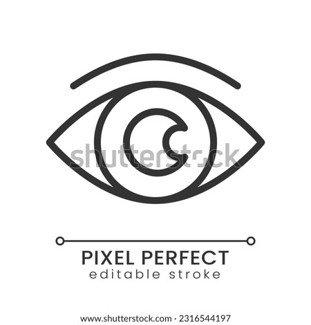Eye pixel perfect linear icon. Process monitoring and supervision. Spying malware. Thin line illustration. Contour symbol. Vector outline drawing. Editable stroke. Poppins font used Royalty-Free Stock Photo #2316544197