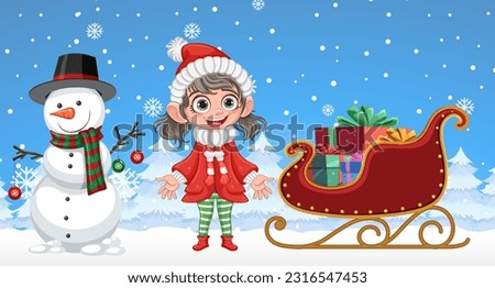 Happy girl with snowman winter background illustration