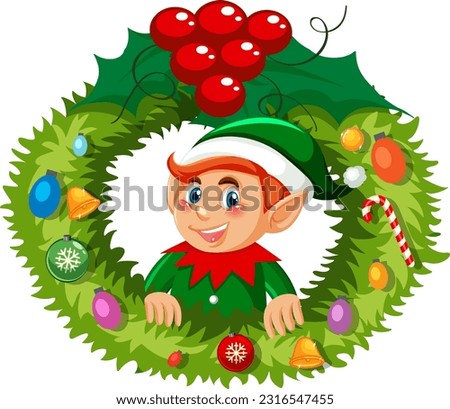 Elf Christmas wreath in cartoon style illustration