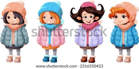 Set of cute young girl in winter cloth illustration
