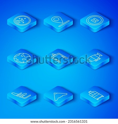 Set line Airplane seat, Metal detector in airport, Jet fighter, Airship, Helicopter landing pad, Worldwide, Radar with targets on monitor and Suitcase icon. Vector