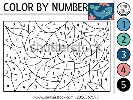 Vector under the sea color by number activity with whale and seaweeds. Ocean life scene. Black and white counting game with water animal. Coloring page for kids with underwater landscape
