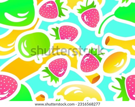 Seamless pattern with apples, strawberries, bananas, pears and lemons with stroke in 3d style. Summer berry-fruit mix. Design for print, banners and posters. Vector illustration