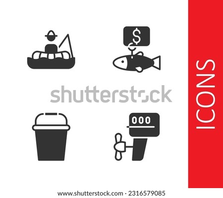 Set Outboard boat motor, Fisherman in, Fishing bucket and Price tag for fish icon. Vector