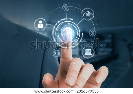 Businessman push the button fingerprint, online identification concept