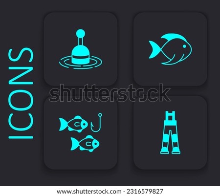 Set Fisherman pants, Fishing float in water,  and hook with fish icon. Black square button. Vector