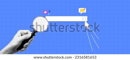 Collage on the theme of seo. Modern composition with a hand holding a magnifying glass. Search bar with a cursor. Attracting new users. Vector blue background. Royalty-Free Stock Photo #2316581653