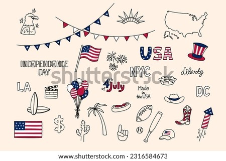 USA symbols. Vector doodle set. United States of America design elements isolated. US collection. Independence Day July 4. American flag, eagle,