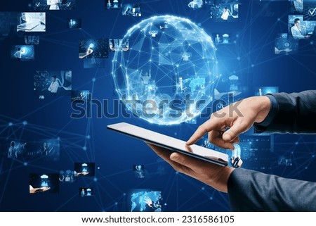 Connecting businesspeople, video conference concept. Close up of businessman hand using mobile phone with abstract blue globe with polygonal mesh and images on blurry background
