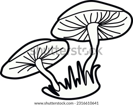 two mushrooms. mushroom caps are flat. grass below. black and white. vector. coloring book. sticker