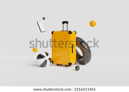 Creative collage portrait of travel baggage inflatable circle beach ball smart phone display isolated on white background