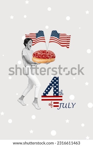 Vertical collage of excited funny black white effect girl hold big donut american national flag 4 july celebration isolated on grey background