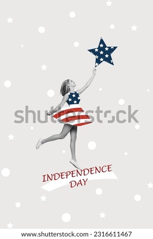 Vertical collage picture of black white effect girl jump arm reach touch star american flag patriotic dress isolated on grey background
