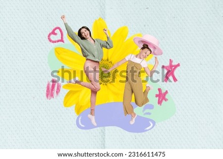 Shopping placard collage of two young girls dancing mother daughter celebrate international women day march isolated over daisy background Royalty-Free Stock Photo #2316611475