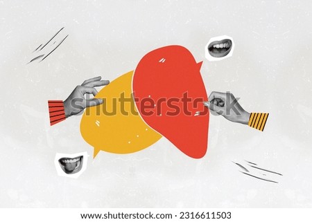 Collage picture of two black white colors arms fingers hold dialogue quote bubble talking mouth isolated on drawing background Royalty-Free Stock Photo #2316611503