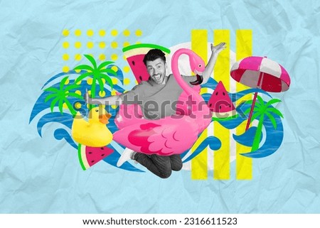 Artwork collage picture of black white effect carefree guy fly inflatable flamingo ring sun parasol ocean rubber duck watermelon isolated on paper background