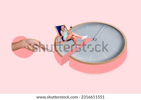 Creative collage image of arm hold cut piece huge clock cake mini excited girl sit lounger speak telephone drink cocktail Royalty-Free Stock Photo #2316611551
