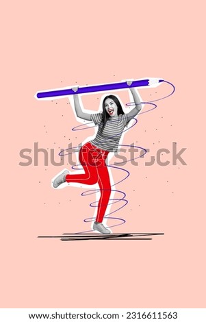 Vertical collage image of cheerful black white effect girl arms hold huge pencil drawing isolated on beige creative background