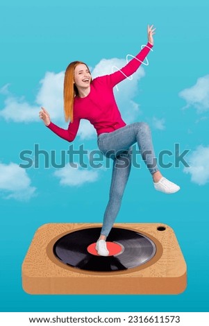 Vertical banner poster picture collage artwork of young funky girl dancing have fun turntable vinyl recorder isolated on heaven background