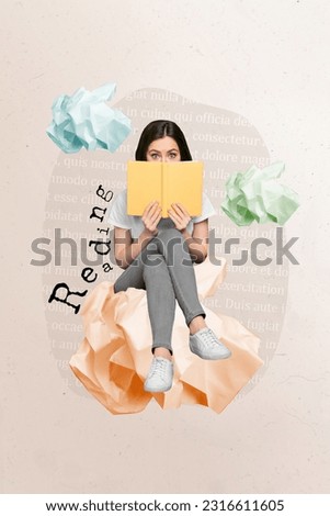 Creative template collage of young lady sitting crumpled paper study with textbook reading for clever materials
