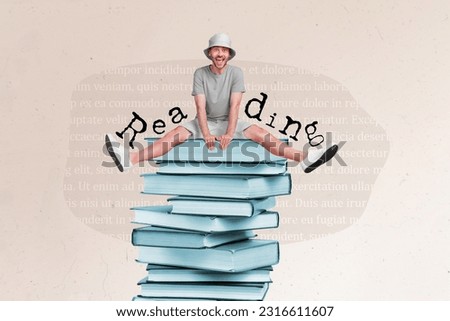 Banner collage poster of excited guy sitting stack book reading geek nerd enjoy knowing new materials