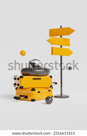 Vertical collage image of pile stack yellow suitcase inflatable ring beach ball empty space navigation sign isolated on white background