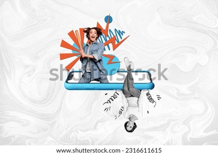 Photo collage artwork minimal picture of excited lady inside modern device playing baseball isolated creative background