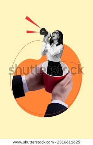 Vertical collage picture artwork image of excited cheerful woman inside cup announcing news dinner break isolated on beige background