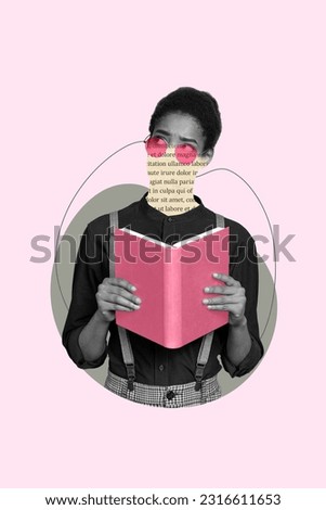 Picture image collage sketch of weird unknown person vanishing face holding open book looking up thinking interesting plot