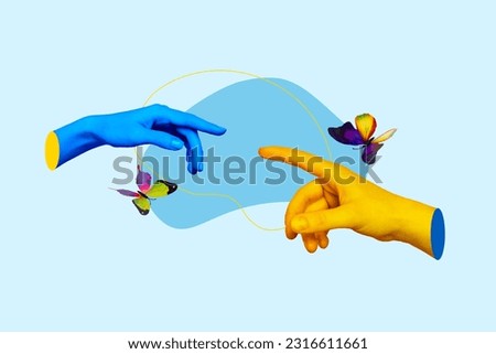 Poster banner creative collage of two people fingers touch reach help for fighting russia terrorist invaders