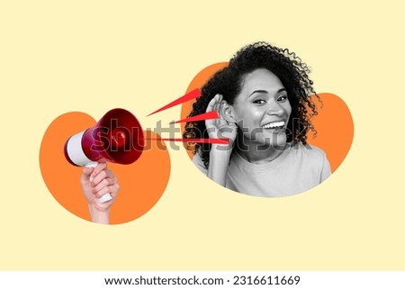 Poster banner collage of excited curious lady hear interesting rumors shocking amazing bargain news from bull horn