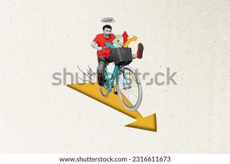 Collage picture of overjoyed positive black white colors guy ride bicycle arrow pointers indicators isolated on painted background