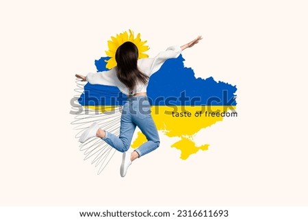 Creative collage image of carefree excited girl jumping blue yellow ukraine map taste of freedom isolated on white background