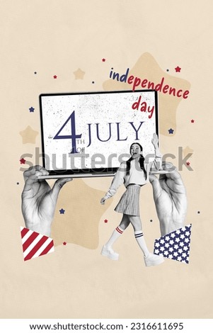 Vertical creative photo collage of friendly schoolgirl go to independence day celebration arms hold laptop isolated beige color background