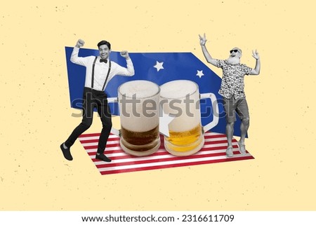Creative collage of two excited funky black white gamma mini people dancing huge beer pint usa independence day isolated on beige background Royalty-Free Stock Photo #2316611709
