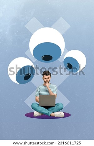 Vertical 3d creative artwork collage of young serious programmer cant understand where his data hackers stolen isolated on blue background