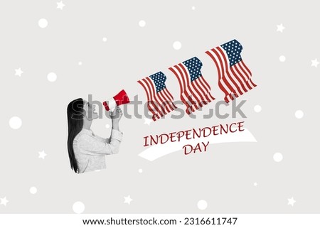 Artwork collage picture of black white colors girl communicate loudspeaker american national flag independence day isolated on grey background
