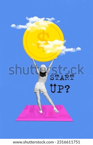 Vertical creative composite photo collage of optimistic girl hold big coin over head investing in startup isolated blue sky background