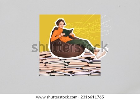 Creative poster collage of smart young lady sitting bean bag reading pile stack books education academic knowledge bookshop sales discount