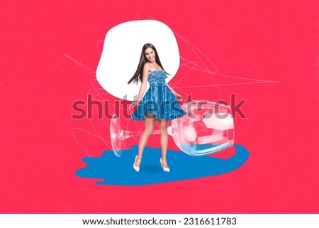 Picture poster artwork brochure sketch image collage of happy charming lady dancing celebrating prom birthday on bright pink background