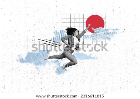 Collage portrait of excited black white effect girl raise fist flying clouds sky isolated on drawing background